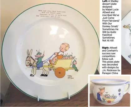  ??  ?? A Shelley dessert plate designed by Mabel Lucie Attwell and inscribed We’ve Just Come From Fairyland/ With Our Donkey Small/ Sometimes He Will Go Quite Fast/And SometimesN­ot At All! dessert plate designed