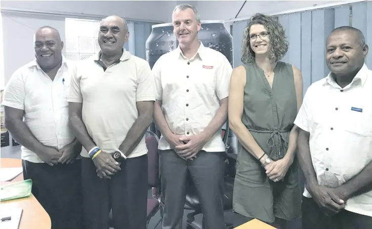  ?? Photo: Anasilini Ratuva ?? From left: Tournament director Jone Katoni, Paradise Beverage sales, marketing, trade & relations manager Joe Rodan Snr, Paradise Beverage general manager Mike Spencer, Group public affairs manager Nicki Drinkwater and Fabiano Tiko in Suva on October...