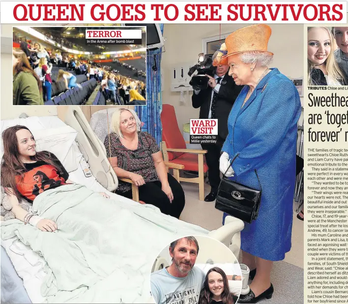  ??  ?? In the Arena after bomb blast Queen chats to Millie yesterday DM1ST TERROR WARD VISIT