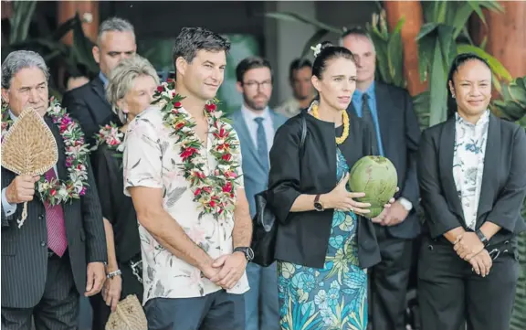  ?? Photo: Tagata Pasifika ?? New Zealand Prime Minister Jacinda Ardern and delegation being welcomed by the Takalo, a traditiona­l Niue war dance, upon their arrival.