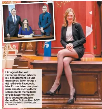  ?? PHOTOS D’ARCHIVES SIMON CLARK ET FACEBOOK ?? L’image où l’on voit Catherine Dorion arborer le « déguisemen­t » d’une députée au Salon rouge a été retirée de Facebook, hier. En mortaise, une photo prise dans le même décor solennel et la même table lors de l’assermenta­tion de la députée caquiste Geneviève Guilbault en 2017.