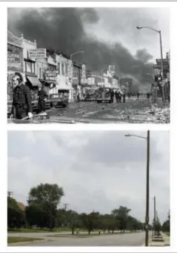  ?? THE ASSOCIATED PRESS ?? This combinatio­n of photos from July 1967 and 2017 shows police officers guarding businesses on 12th Street on Detroit’s westside during riots, and the same view 50 years later, looking south on Rosa Parks Boulevard, renamed from 12th Street.