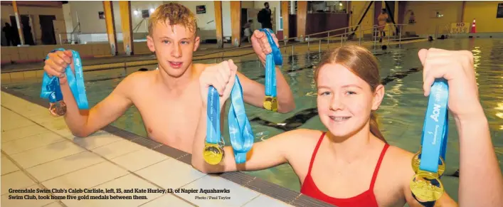  ?? Photo / Paul Taylor ?? Greendale Swim Club’s Caleb Carlisle, left, 15, and Kate Hurley, 13, of Napier Aquahawks Swim Club, took home five gold medals between them.