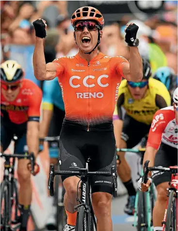  ?? GETTY IMAGES ?? Kiwi cyclist Patrick Bevin celebrates his first World Tour stage win when taking out stage two at the Tour Down Under.