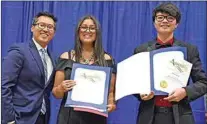  ?? NICK SMIRNOFF / FOR TEHACHAPI NEWS ?? State Assemblyma­n Vince Fong with Tehachapi 2021 Citizens of the Year Award winners, Layla Lujan and Milo Lujan.