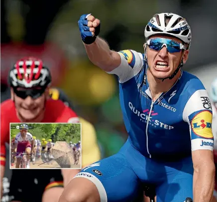  ?? REUTERS ?? Quick-Step Floors rider Marcel Kittel of Germany celebrates after winning stage six of the Tour de France. Inset: A screenshot of the rogue umbrella that some riders had to negotiate their way around .