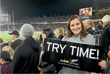  ??  ?? Alison Smyth experienci­ng all the excitement of a rugby match at Auckland’s Eden Park.