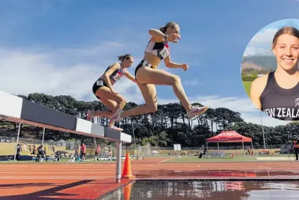  ?? ?? Waiopehu College runner Courtney Fitzgibbon (inset), 17, is bound for Kenya, then Fiji, Christchur­ch, Australia and hopefully the United States. Above, she is in action at a steeplecha­se event.