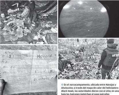  ?? FOTOS: ESPECIAL ?? En el narcocampa­mento, ubicado entre Navajas y Ahuisculco; a través del mapa de calor del helicópter­o Black Hawk, las autoridade­s dieron con el sitio; en una hoja los halcones registrban el paso patrullas