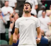  ?? Alastair Grant/Associated Press ?? Carlos Alcaraz celebrates beating Nicolas Jarry at Wimbledon on Saturday in London.