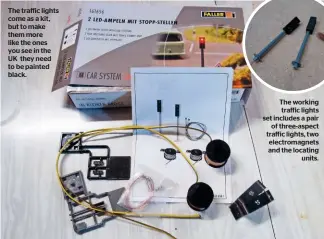  ??  ?? The traffic lights come as a kit, but to make them more like the ones you see in the UK they need to be painted black. The working traffic lights set includes a pair of three-aspect traffic lights, two electromag­nets and the locating units.