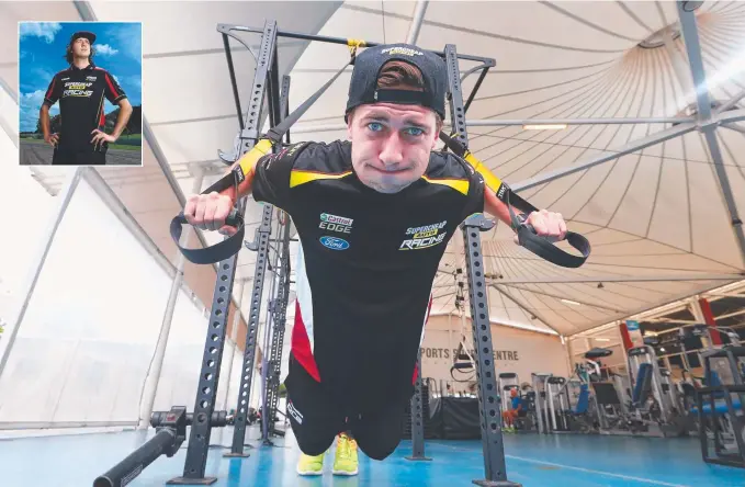  ?? Picture: GLENN HAMPSON ?? Supercars driver Chaz Mostert at the Runaway Bay gym that has been the site of his physical transforma­tion. And (inset), a larger Mostert in April, 2016.