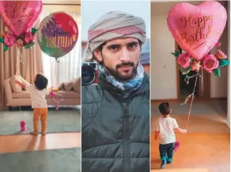  ?? Courtesy: @faz3/Instagram ?? Shaikh Hamdan posted two pictures of his twins, Shaikha and Rashid, holding birthday balloons. He also shared videos of himself participat­ing in the Dubai Fitness Challenge.