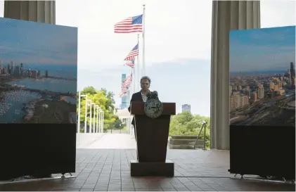  ?? ERIN HOOLEY/CHICAGO TRIBUNE ?? Chicago Mayor Lori Lightfoot speaks during a news conference announcing proposed changes to Soldier Field on July 25. Lightfoot unveiled plans for Soldier Field that could cost up to $2.2 billion as part of her campaign to keep the Bears from leaving town.