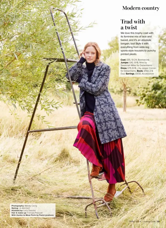  ??  ?? Coat, £55, 10-24, Bonmarché. Jumper, £42, 8-18, Nine by Savannah Miller for Debenhams. Dress, £79, 8-18, J by Jasper Conran for Debenhams. Boots, £150, 2-9, Duo. Earrings, £9.50, Accessoriz­e Photograph­y: Wendy Carrig Styling: Jo Atkinson Assisted by: Lucy Trievnor Hair &amp; make-up: Frances Prescott With thanks to Moat Farm by Farm Locations