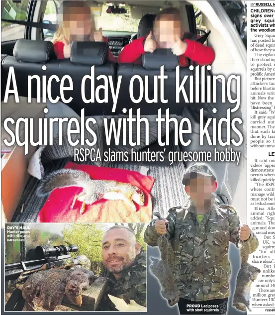  ??  ?? DAY’S HAUL Hunter poses with rifle and carcasses PROUD Lad poses with shot squirrels