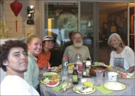  ??  ?? Right: Chris Lang, Katie Kramon, Elise Guinee-Cooper, and Warm Showers hosts Dave and Linda Allen in Santa Rosa, Calif.