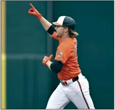  ?? (AP/Terrance Williams) ?? Baltimore’s Gunnar Henderson gestures as he runs the bases after hitting a solo home run against Los Angeles Angels starting pitcher Griffin Canning during the first inning of the Orioles’ victory on Saturday.