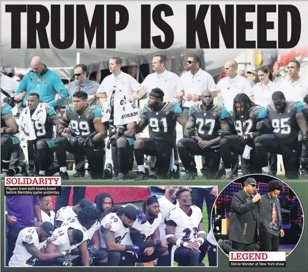  ??  ?? Players from both teams kneel before Wembley game yesterday Stevie Wonder at New York show