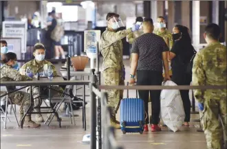  ?? ?? Members of the Hawaii National Guard conduct temperatur­e screenings at the Kahului Airport in June 2020.