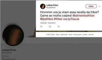  ?? Reprodução/Twitter ?? Perfil de ‘Letícia Priori’, com foto de mulher que morreu em 2013, elogia a Friboi, da JBS