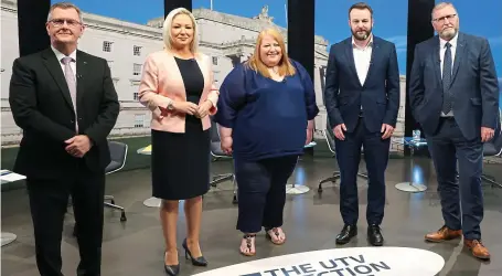  ?? ?? Facing off: Jeffrey Donaldson, Michelle O’Neill, also right, Naomi Long, Colum Eastwood and Doug Beattie