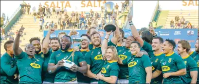  ?? Picture: Backpagepi­x ?? South African Springboks players celebrate their victory over the Pumas of Argentina on 10 August 2019.