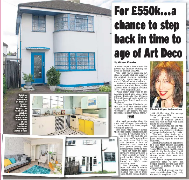  ?? Pictures: TIM CLARKE, CHARLES FERNANDEZ ?? Original Crittall windows at front of house, above. Right, the hand made kitchen and below living room with some of the original furniture. Far right, patio doors Elizabeth Whycer is downsizing