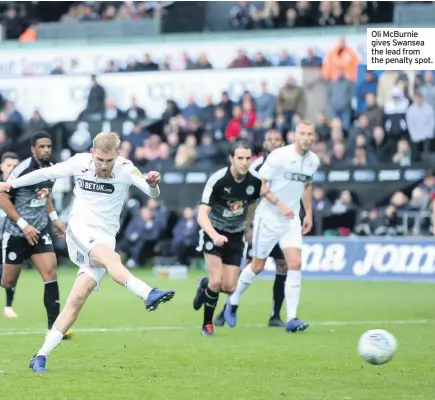  ??  ?? Oli McBurnie gives Swansea the lead from the penalty spot.