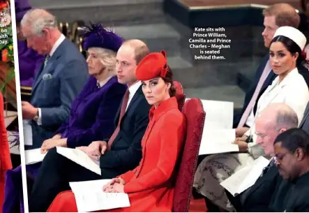  ??  ?? Kate sits with Prince William, Camilla and Prince Charles – Meghan is seated behind them.