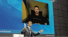  ?? HIROKO MASUIKE / NYT ?? President Volodymyr Zelenskyy of Ukraine joins Andrew Ross Sorkin via video at The New York Times’ Dealbook Summit 2022 in Manhattan, Wednesday.