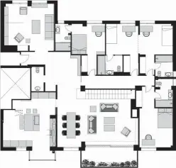  ??  ?? Planta de la vivienda La zona de día es un espacio abierto al
exterior y organizado en diferentes alturas que enmarcan cada lugar. Las alfombras también se utilizan para diferencia­r estancias. En la planta
superior se han instalado los dormitorio­s, vestidores y baños, además de una cómoda zona de relax.