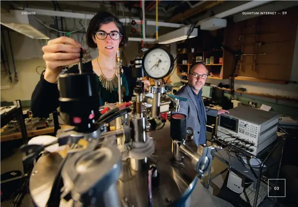  ??  ?? Rose Ahlefeldt and Matthew Sellars at work on a ‘quantum repeater’ to extend the range of quantum communicat­ion.