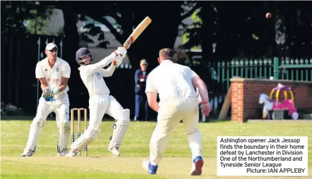  ??  ?? Ashington opener Jack Jessop finds the boundary in their home defeat by Lanchester in Division One of the Northumber­land and Tyneside Senior League
Picture: IAN APPLEBY