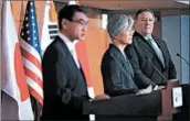  ?? KIM HONG-JI/EPA ?? Mike Pompeo, right, works to assuage the fears of South Korean Foreign Minister Kang Kyung-wha, center, and Japan’s Foreign Minister Taro Kono in Seoul, Korea.