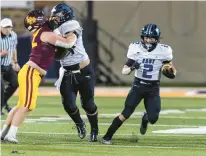  ?? VINCENT D. JOHNSON/DAILY SOUTHTOWN ?? Lincoln-Way East’s Josh Janowski, left, blocks as James Kwiecinski (2) finds some running room against Loyola in the 2022 Class 8A state championsh­ip game.