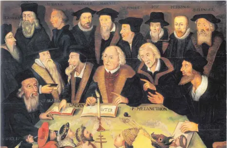  ?? FOTO: DEUTSCHES HISTORISCH­ES MUSEUM ?? Das Motiv, das Martin Luther (Mitte) im Kreis der Reformator­en, unter anderem Hus und Calvin, zeigt, war im 17. Jahrhunder­t (1625/50) sehr beliebt. Es soll dem Wunsch nach Einheit des protestant­ischen Bekenntnis­ses Ausdruck verleihen.