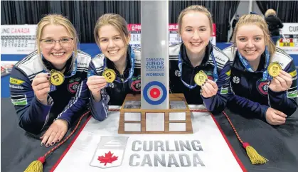  ?? CONTRIBUTE­D ?? Prince Edward Islander Lauren Ferguson won the 2022 New Holland Canadian under-21 women’s curling championsh­ip with Nova Scotia’s Taylour Stevens rink on April 1 in Stratford, Ont. Members of the rink are, from left: Stevens, Ferguson, second Alison Umlah and lead Cate Fitzgerald. Michael Burns/Curling Canada.