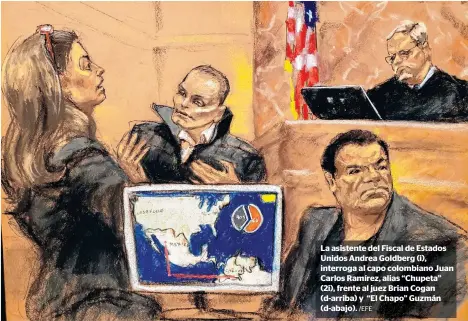  ?? /EFE ?? La asistente del Fiscal de Estados Unidos Andrea Goldberg (i), interroga al capo colombiano Juan Carlos Ramírez, alias “Chupeta” (2i), frente al juez Brian Cogan (d-arriba) y “El Chapo” Guzmán (d-abajo).