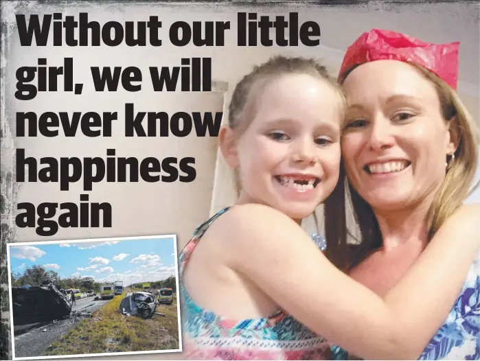  ??  ?? Olivia Douglas with mum Tegan Mitchell; and (inset) the scene of the crash on the Bruce Highway, south of Childers, that took Olivia’s life.