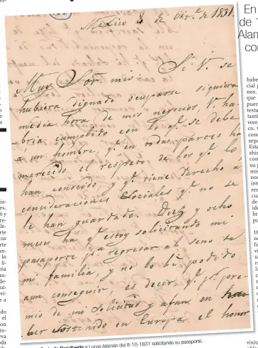  ??  ?? Lucas Alamán del 8-10-1831 Carta de Rocafuerte a
solicitand­o su pasaporte.