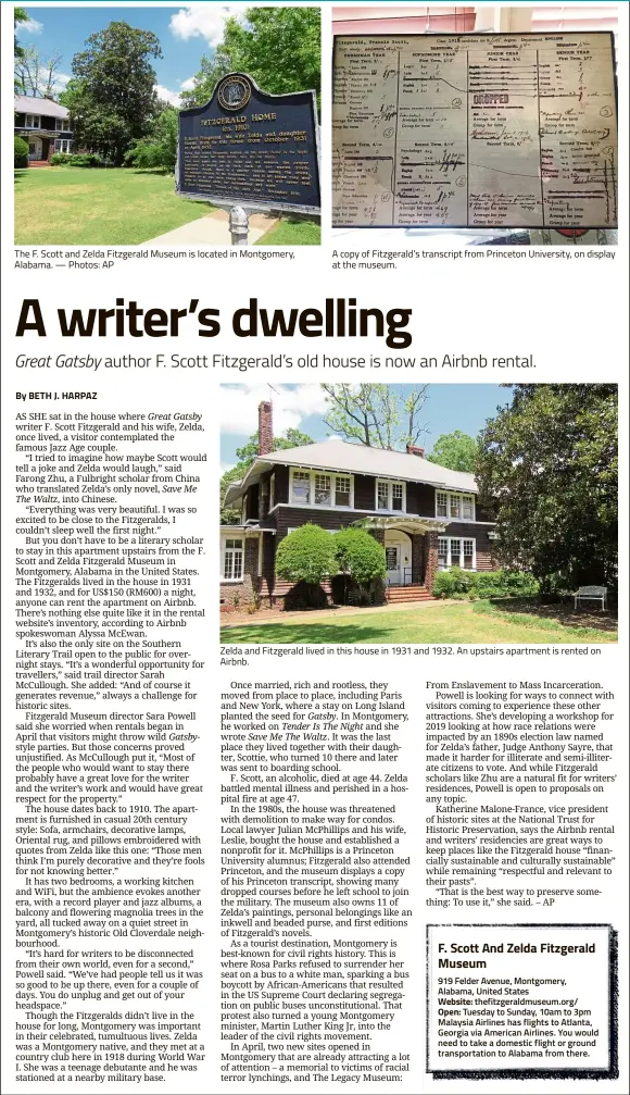  ??  ?? A copy of Fitzgerald’s transcript from Princeton University, on display at the museum. The F. Scott and Zelda Fitzgerald Museum is located in Montgomery, Alabama. — Photos: AP Zelda and Fitzgerald lived in this house in 1931 and 1932. An upstairs...