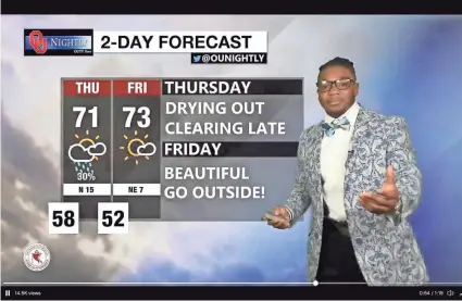  ?? OU NIGHTLY ?? OU football fans may soon see a lot more of reserve tailback Jaden Knowles, but he's already used to performing on camera as an on-air meteorolog­ist with OU Nightly.
