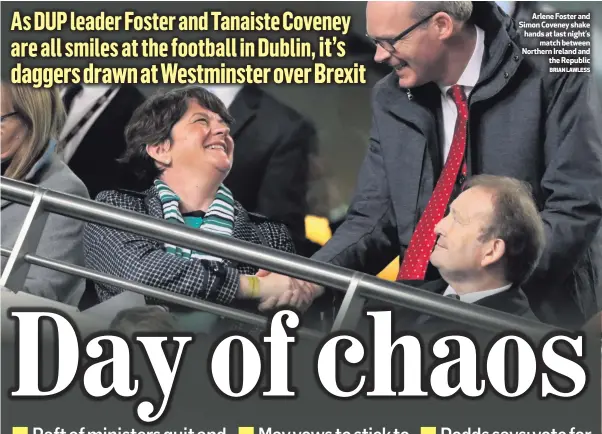  ?? BRIAN LAWLESS ?? Arlene Foster and Simon Coveney shake hands at last night’smatch between Northern Ireland andthe Republic