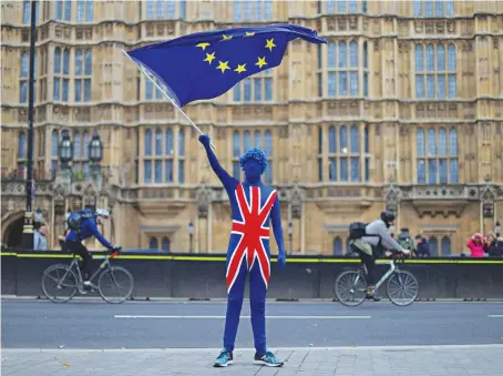  ?? An anti-Brexit protestor outside Parliament in London. Lawyers want the European Court to interpret whether Britain can revoke its EU withdrawal notice. ??