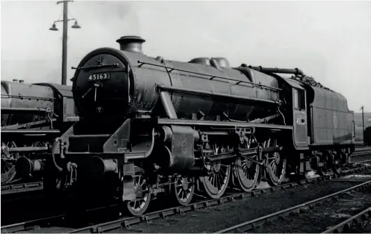  ?? ?? ‘Black Five’ No. 45163 at its home shed of Carlisle Kingmoor in April 1953, showing the bracket on the cabside for the Bryson tablet catcher. JL STEVENSON