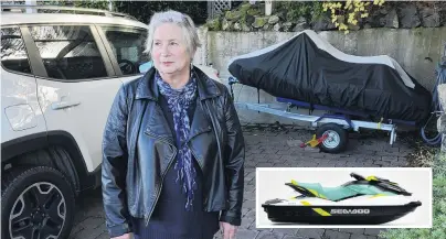  ?? PHOTO: GERARD O’BRIEN & SUPPLIED ?? Jetting off . . . Glenda Alexander stands in the space in her carport left after the burglary of one of her jet skis. Inset: The stolen SeaDoo GTI 90 jet ski.