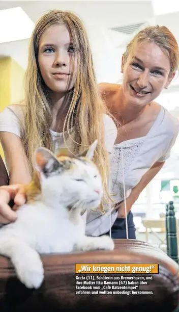  ??  ?? Greta (11), Schülerin aus Bremerhave­n, und ihre Mutter Ilka Hamann (47) haben über Facebook vom „Café Katzentemp­el“erfahren und wollten unbedingt herkommen. „Wir kriegen nicht genug!“