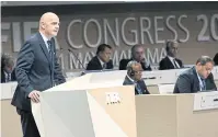  ??  ?? Fifa president Gianni Infantino speaks during the organisati­on’s congress in Manama on Thursday.