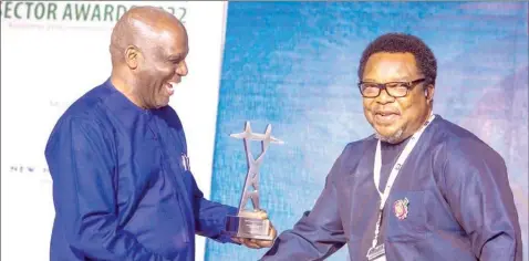  ?? ?? Former Minister of Power, Barth Nnaji ( left); Managing Director, Niger Delta Power Holding Company Limited, NDPHC, Chiedu Ugbo during the presentati­on of plaque to the winner of Project of the Year category at the maiden Nigeria Power Sector ( NPS) Awards in Abuja.
